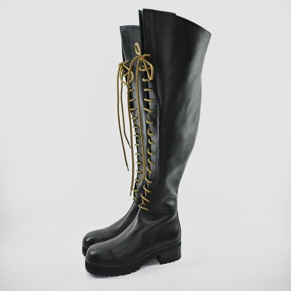 DIOR Womens D-Road High Leather Boots Size 38.5 Black Calfskin Lace Up Over Knee - Picture 1 of 16